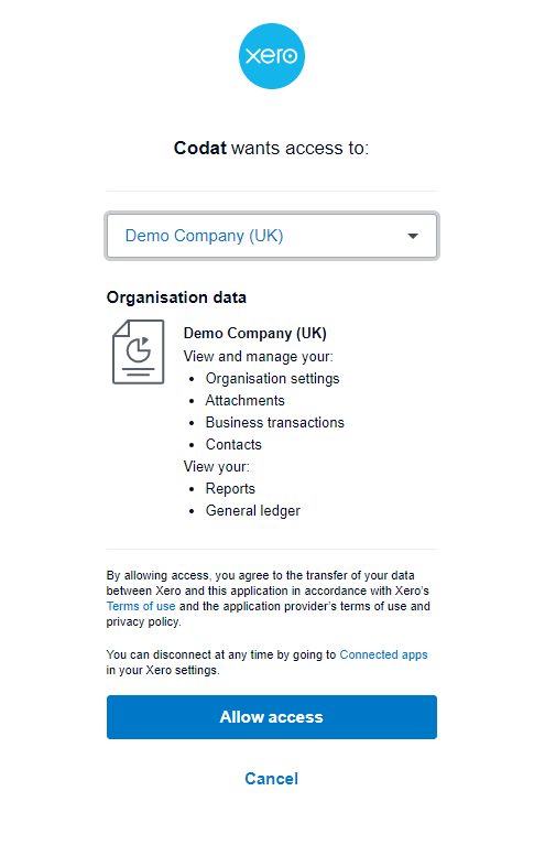 Xero app authorization window